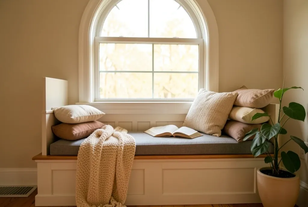 Cozy built-in window seat reading nook with cushions, open book, throw, and soft afternoon light