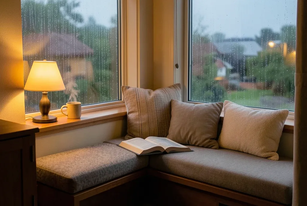 Cozy built-in window seat with cushions, open book, rain streaming down the window, and a steaming mug