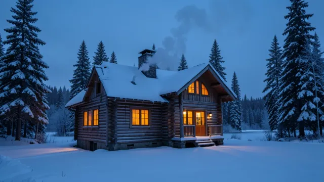 Cozy log cabin with glowing windows and chimney smoke at dusk, surrounded by snow and pines