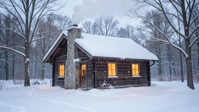 Small wooden cottage with warm glowing windows surrounded by deep snow and smoke from chimney