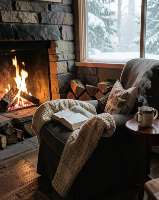 Cozy armchair with blanket and open book by a roaring stone fireplace with snow outside