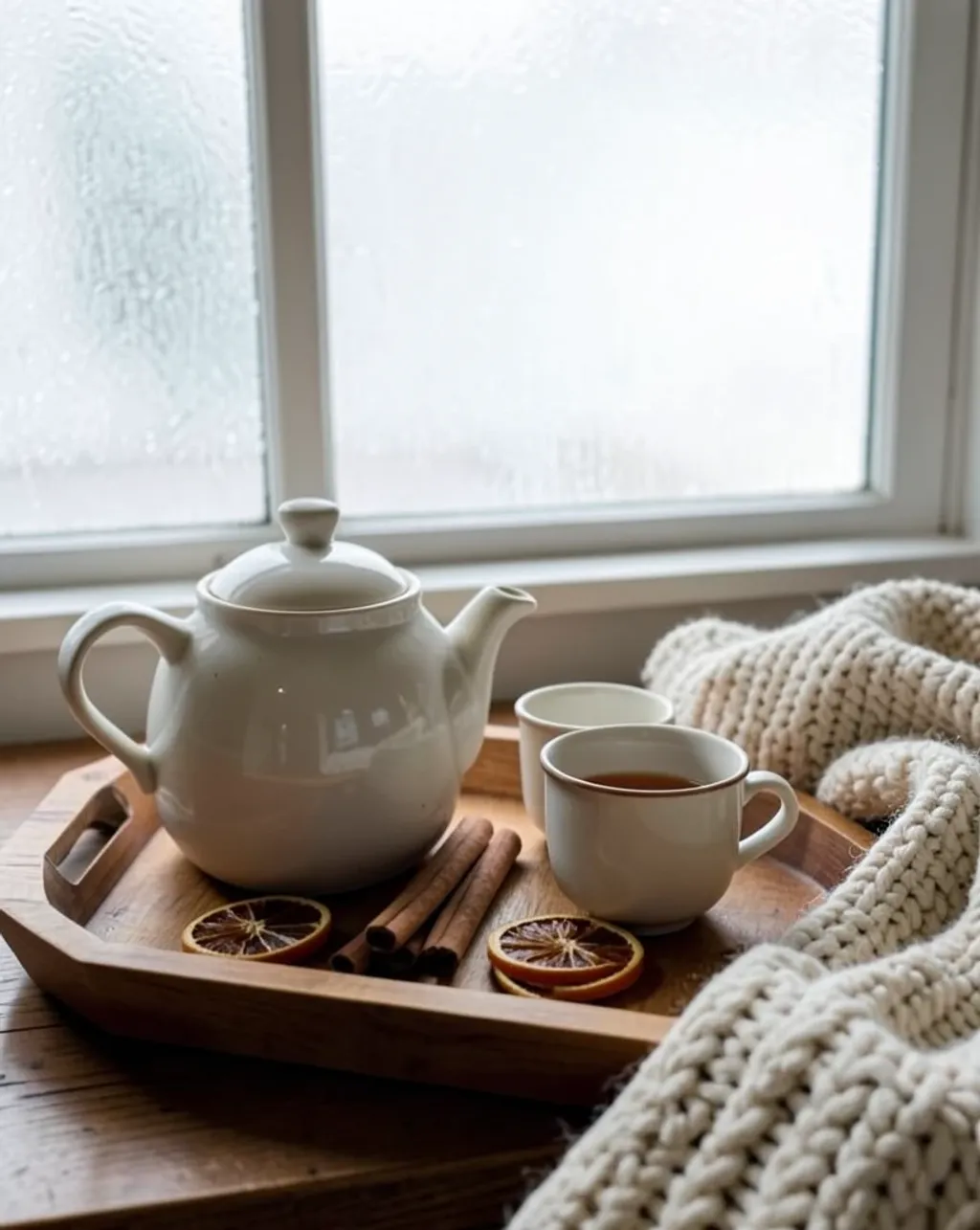 Cozy winter tea setup with ceramic teapot, cups, cinnamon, dried oranges, and frosted window