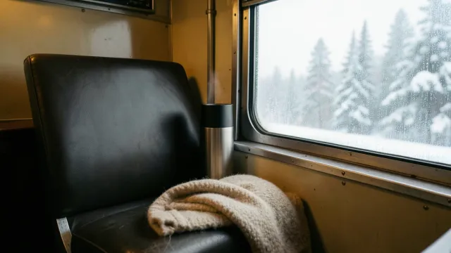 Empty vintage train seat by a frosted window with wool blanket, steaming thermos, and snowy pines outside