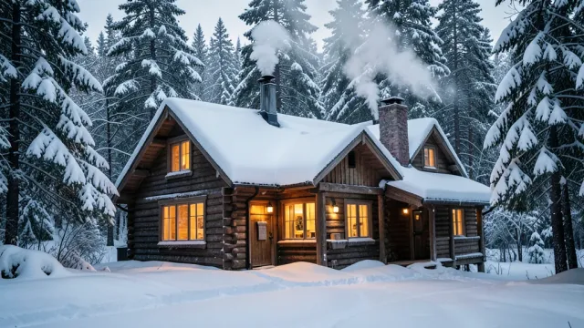 Cozy woodland cabin covered in snow with warm window light and smoke from the chimney