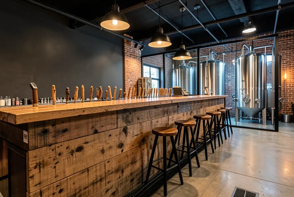 Craft brewery taproom with a timber bar, tap handles and stainless tanks behind glass