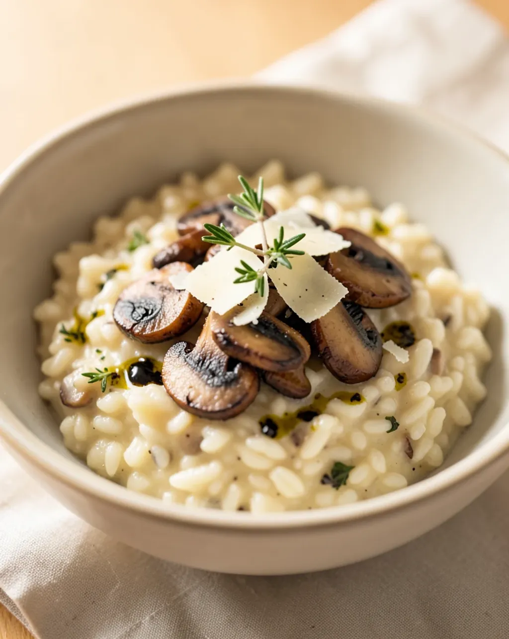 Creamy mushroom risotto in a ceramic bowl with sautéed mushrooms, thyme, parmesan, and truffle oil