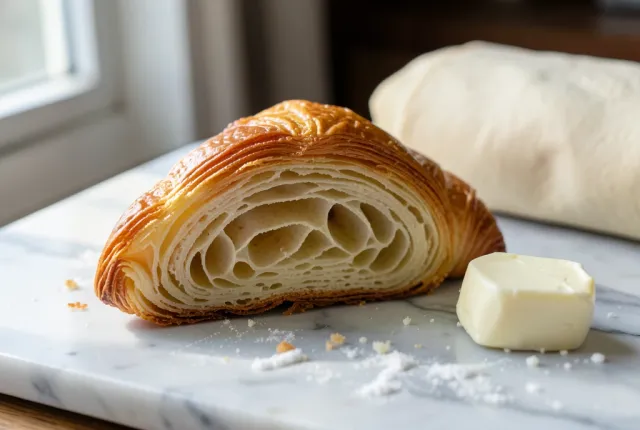 A croissant sliced open to show its layered honeycomb crumb, with butter and dough on a marble slab.