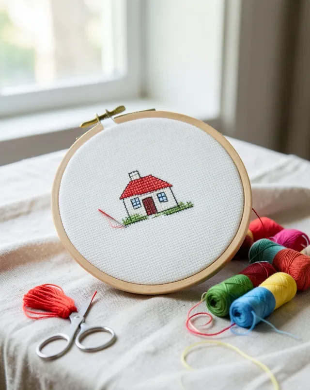 A wooden hoop with a half-finished cross-stitch house, needle and red floss mid-stitch.