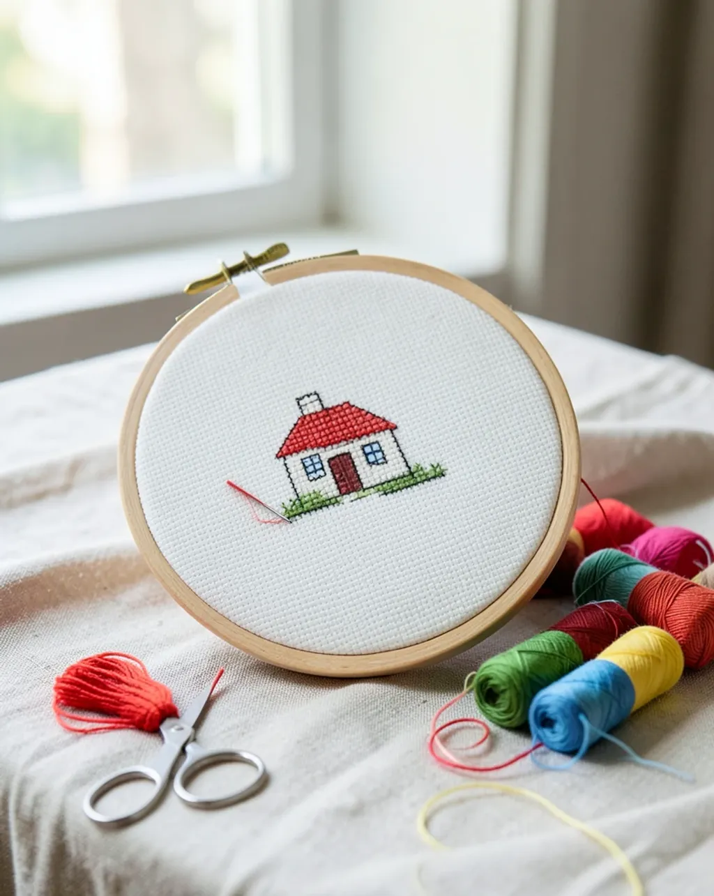 A wooden hoop with a half-finished cross-stitch house, needle and red floss mid-stitch.