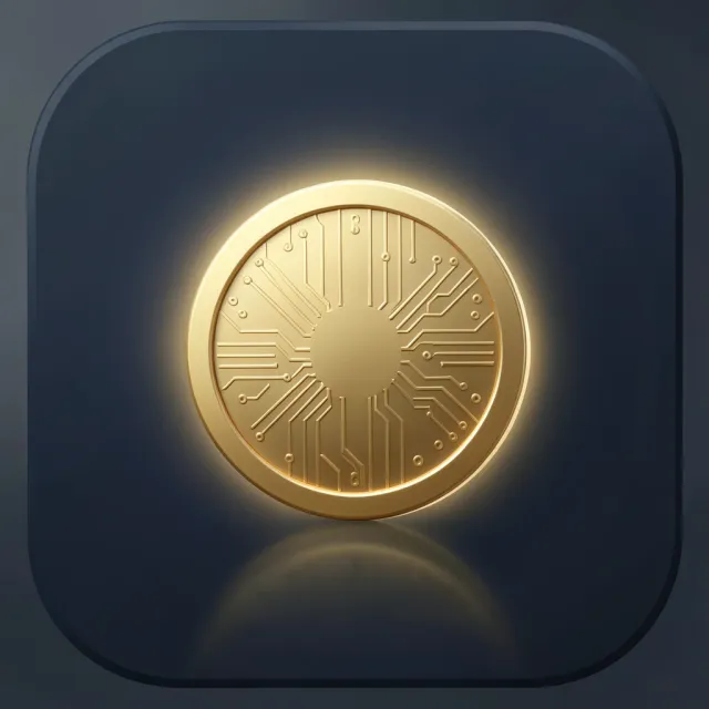Crypto wallet app icon with golden coin circuit engraving on navy gradient with glow in gold navy and charcoal