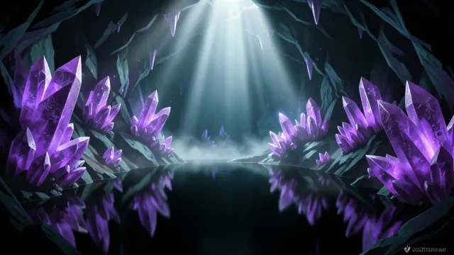 Fantasy amethyst cavern with giant glowing violet crystals reflected in a still underground lake and soft god-rays