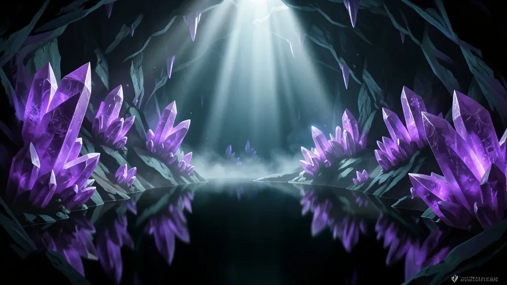 Fantasy amethyst cavern with giant glowing violet crystals reflected in a still underground lake and soft god-rays