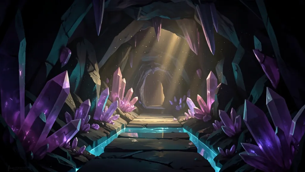 Crystal cavern concept art with massive amethyst and quartz crystals in purple teal and warm gold