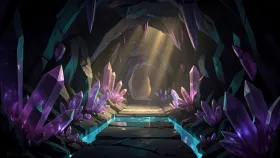 Crystal cavern concept art with massive amethyst and quartz crystals in purple teal and warm gold