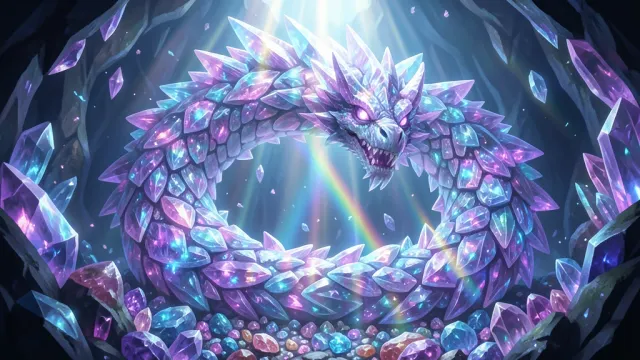 Colossal translucent crystal dragon coiled in a gemstone cavern, its faceted scales refracting light into rainbows