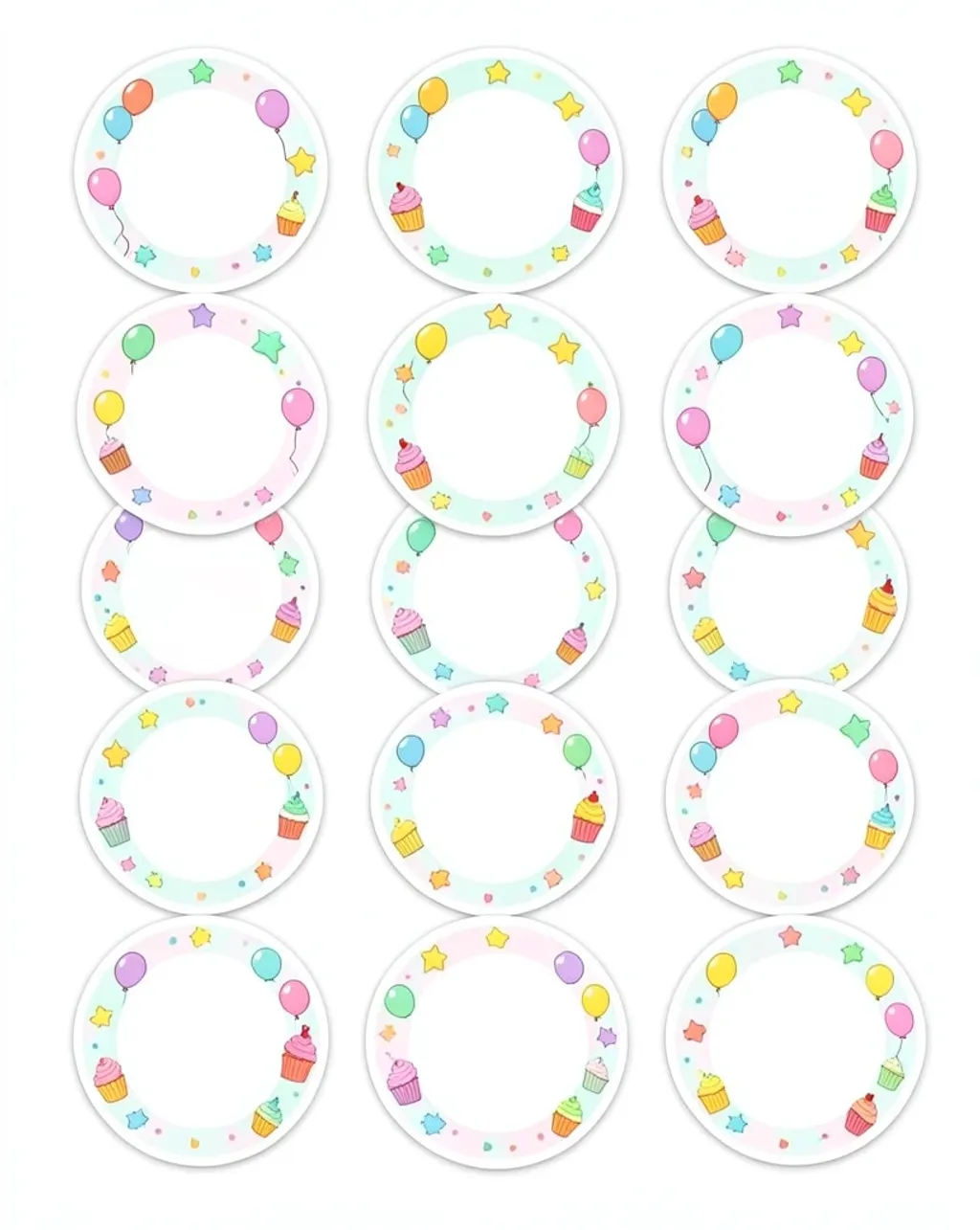 Cupcake topper party printable set with cute icons on round cutouts