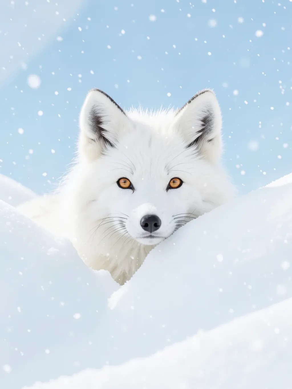 Fluffy white arctic fox peeking over a snow drift with black nose and amber eyes in soft falling snow