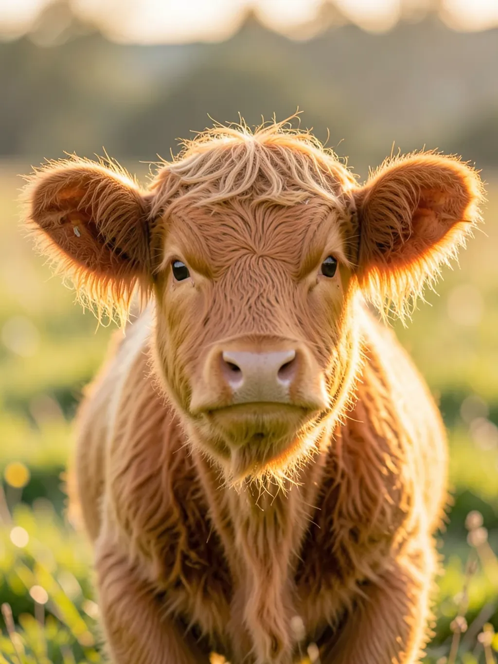 Fluffy Highland cattle calf with long ginger hair and big dark eyes against a soft bokeh pasture