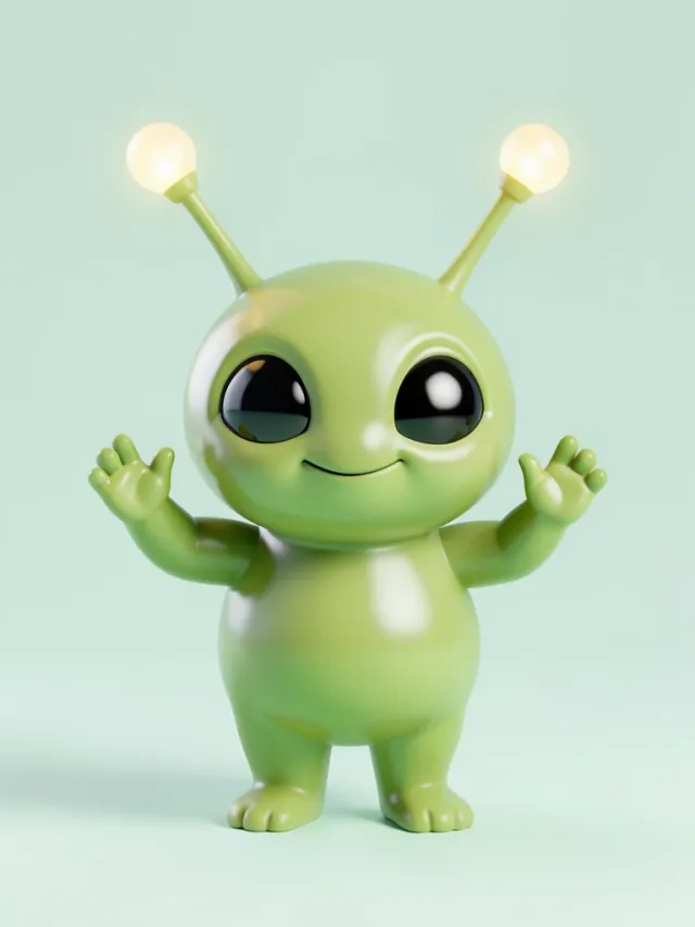 Small round green alien mascot with big black eyes and antennae, glossy toy finish, waving on a mint background