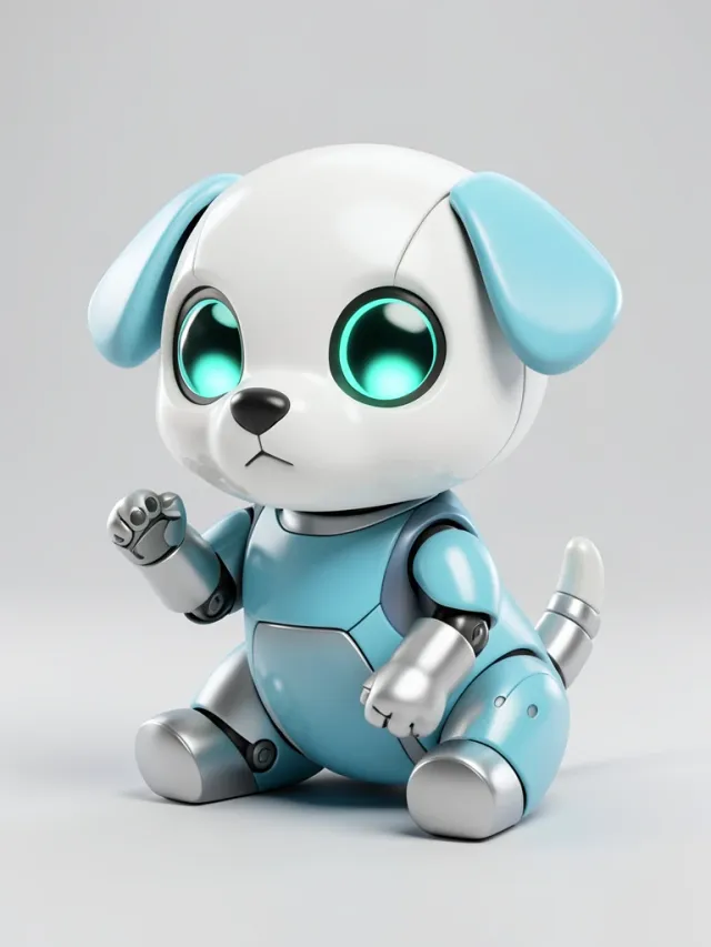 Rounded white and blue robot dog mascot with glowing cyan eyes and a wagging tail, glossy toy finish
