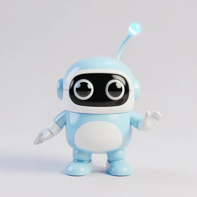 A cute rounded 3D robot mascot in glossy pastel blue and white with big eyes and a glowing antenna