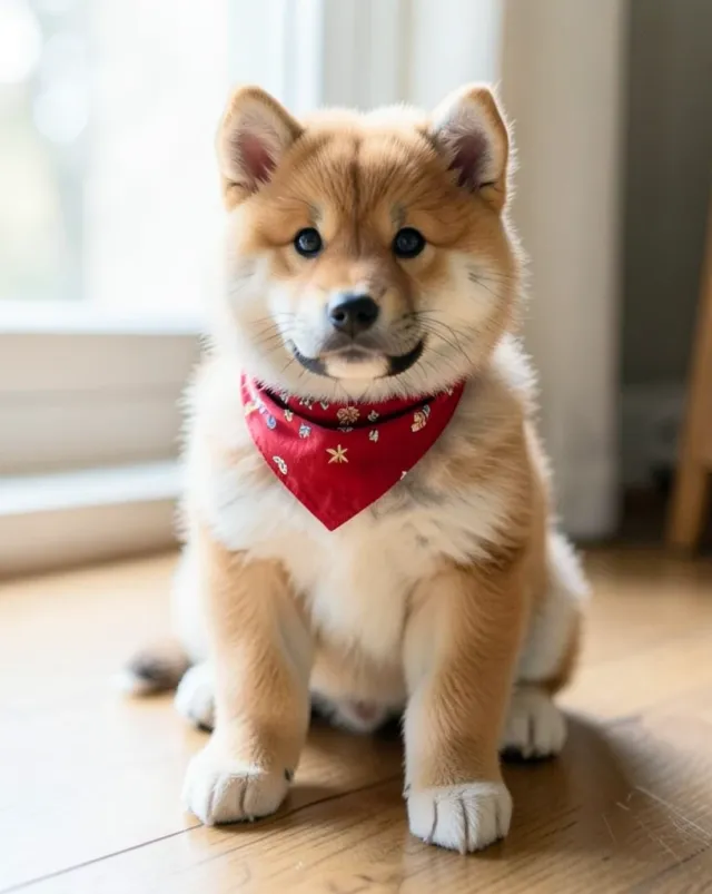 Fluffy Akita puppy sitting on wooden floor wearing a small red bandana in soft window light
