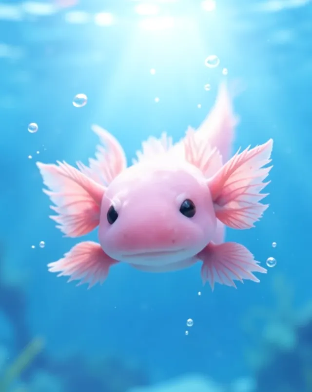 Pink axolotl with feathery external gills floating in clear blue water with small bubbles