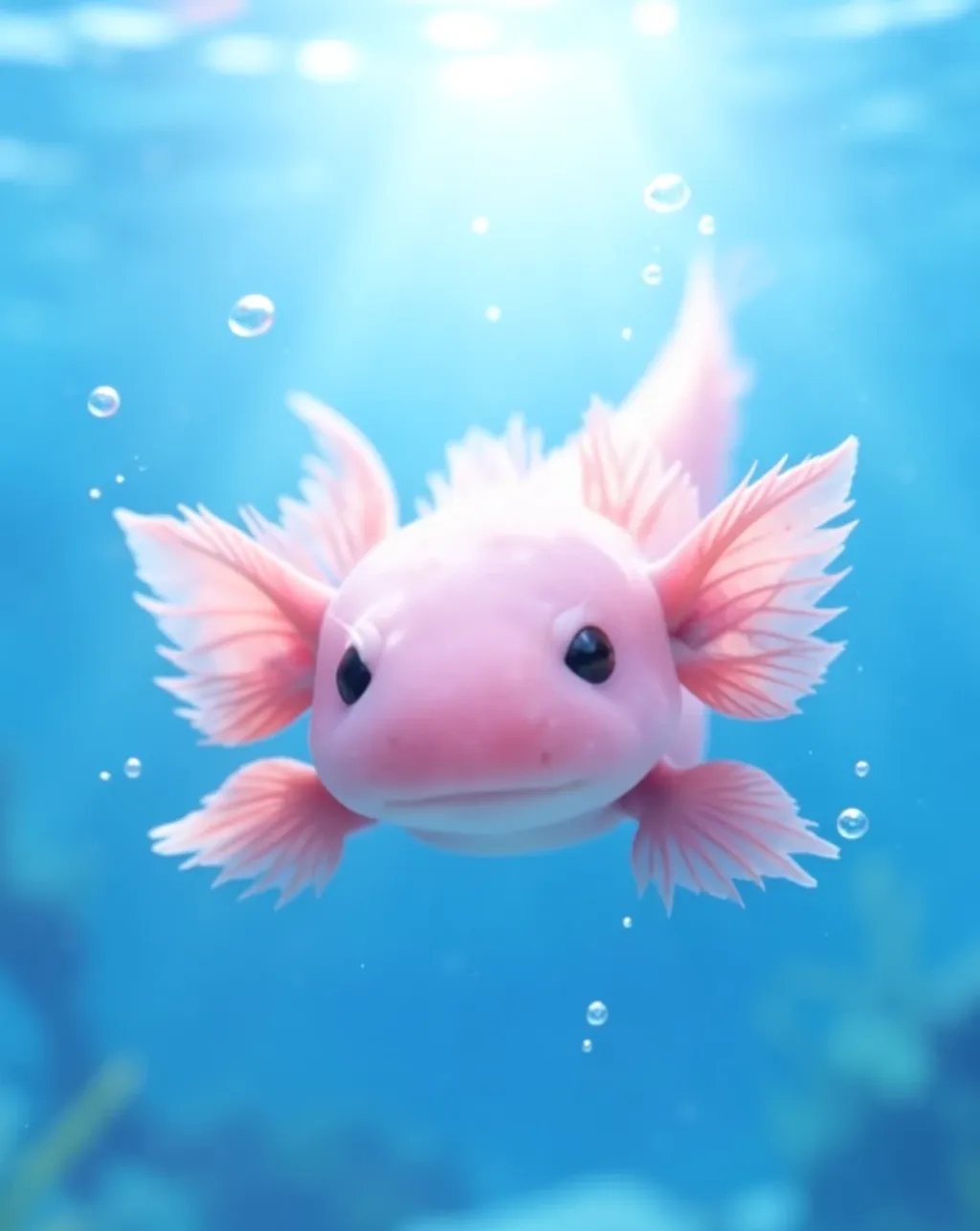 Pink axolotl with feathery external gills floating in clear blue water with small bubbles