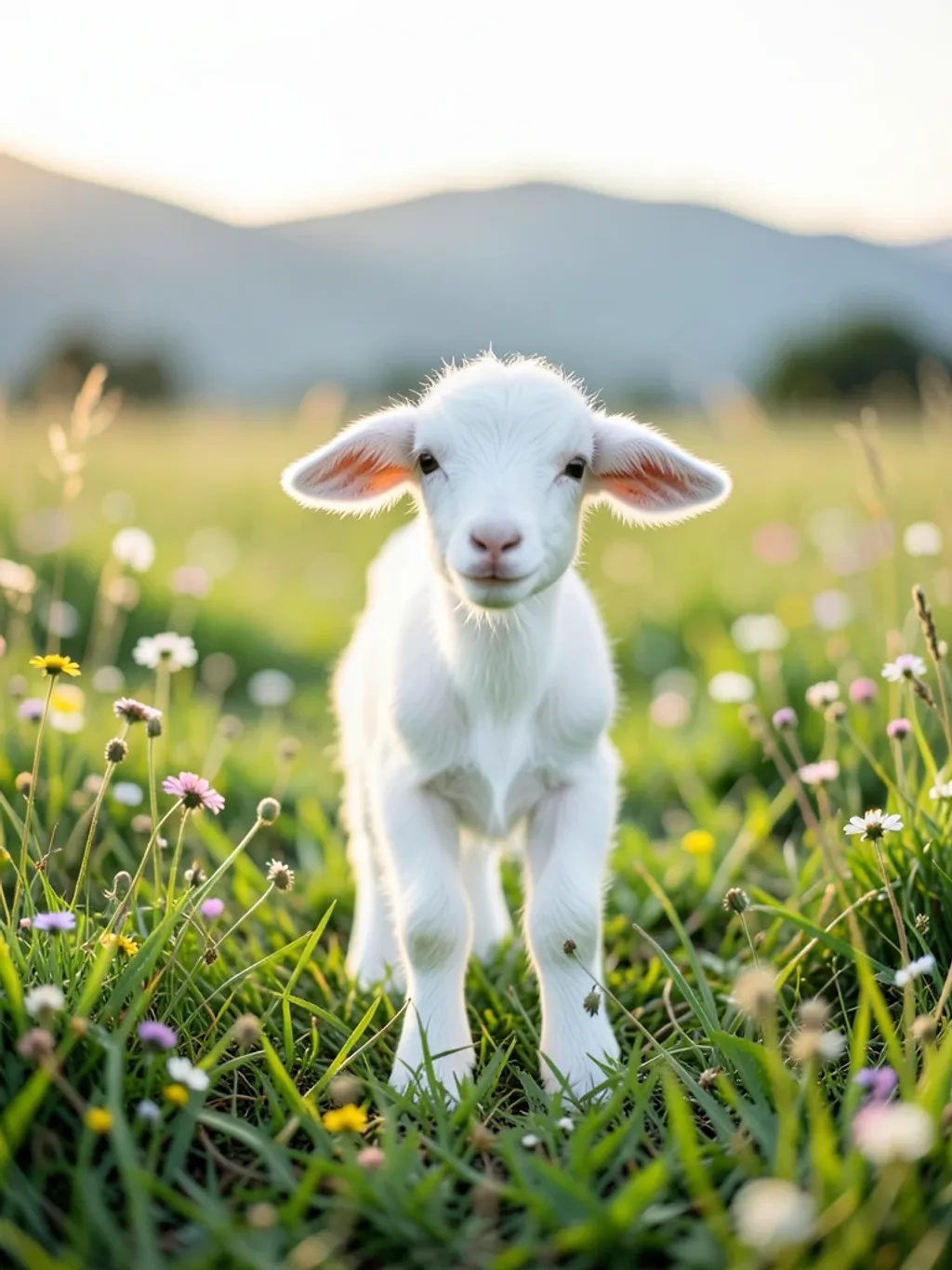 Small white baby goat with floppy ears standing in a green meadow with wildflowers and soft morning light