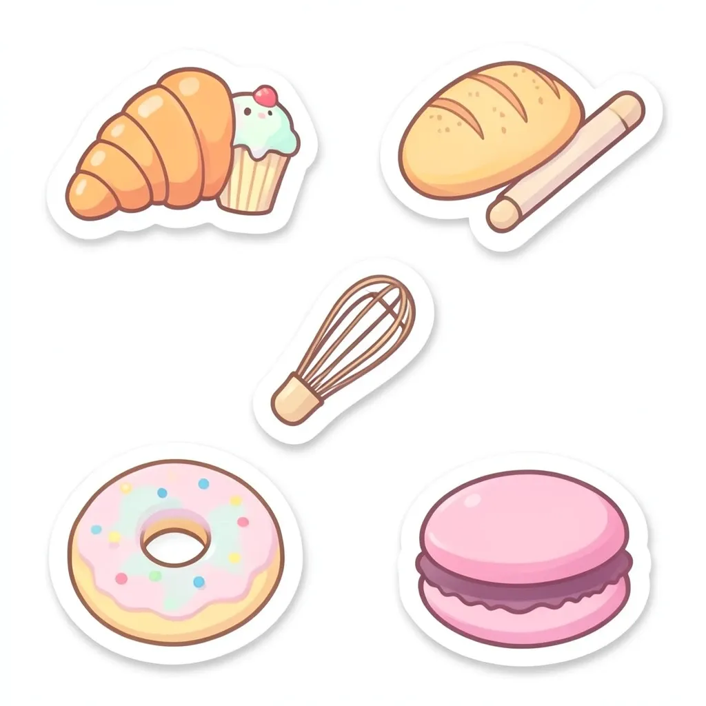 Cute kawaii bakery sticker set with croissant, cupcake, bread, rolling pin, whisk, coffee, donut, and macaron