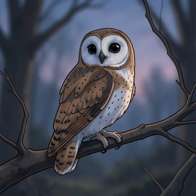 Cute barn owl with heart-shaped face perched on a bare branch in soft dusk woodland light