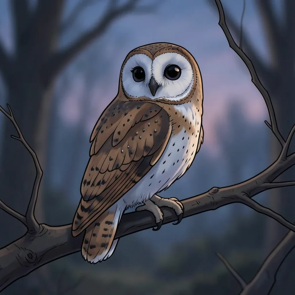 Cute barn owl with heart-shaped face perched on a bare branch in soft dusk woodland light