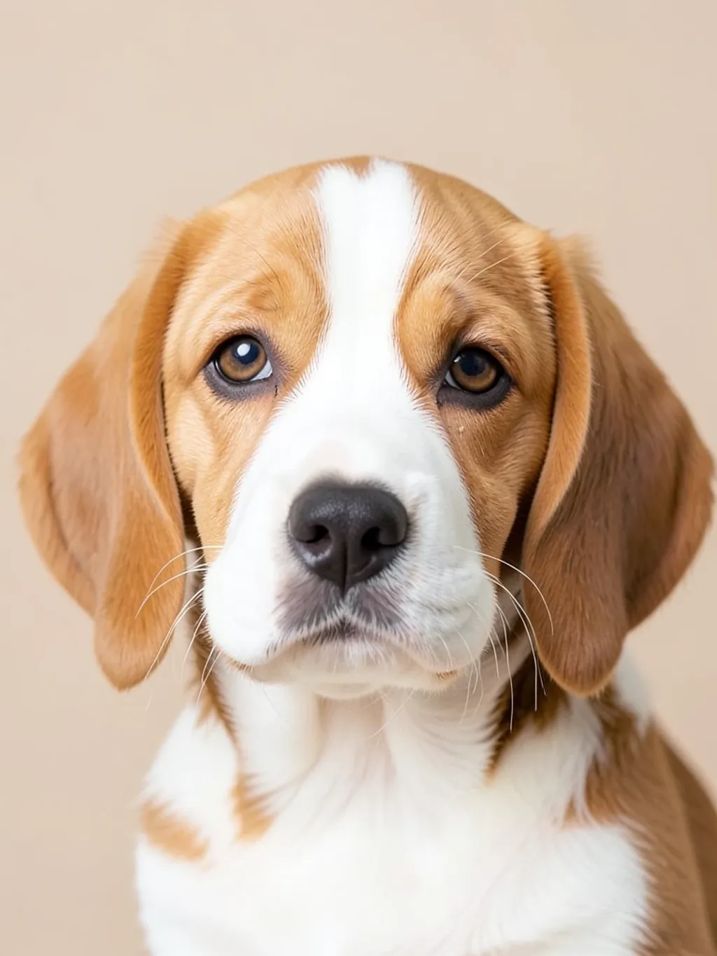 Cute beagle puppy with floppy ears, big brown eyes, and tilted head against beige background