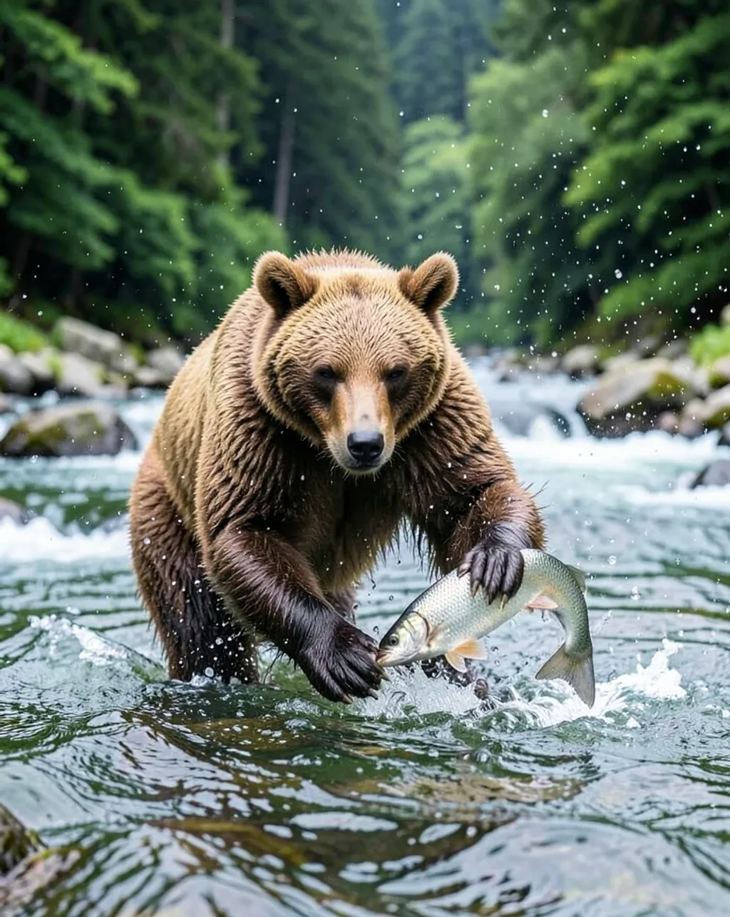 Brown bear standing in a mountain river catching a leaping silver fish with water splashing
