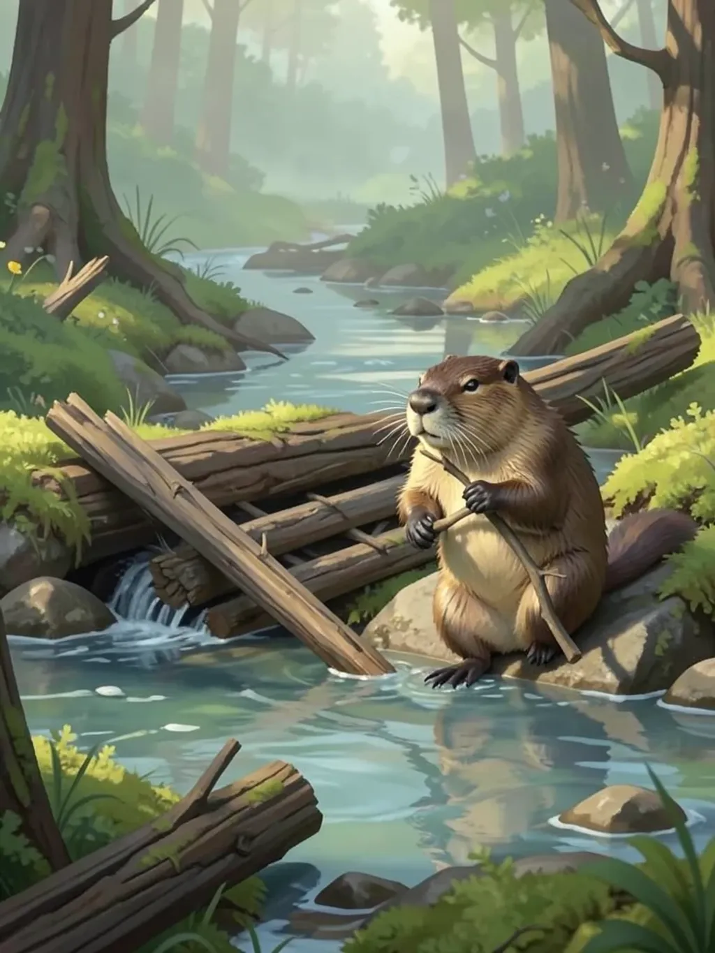 Fluffy beaver carrying a stick beside a partially built dam in a forest stream with moss and soft light