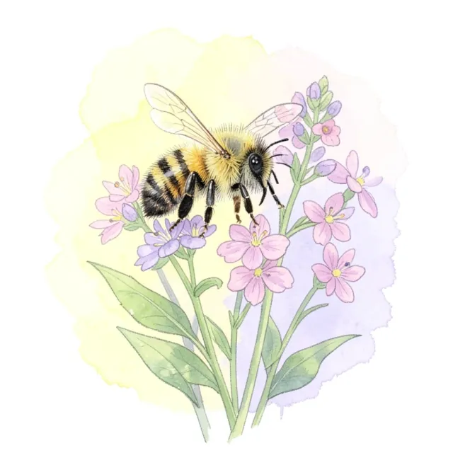 Cute fuzzy bumblebee hovering near wildflowers in soft watercolor with pastel background