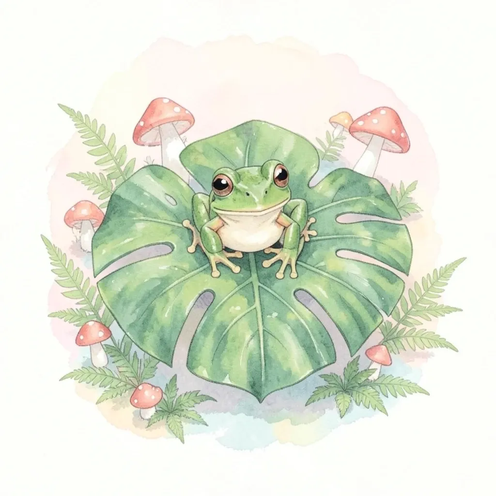 Cute watercolor tree frog on a monstera leaf surrounded by tiny mushrooms and ferns