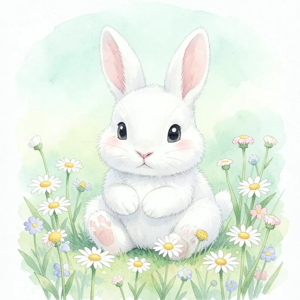 Fluffy white bunny sitting among daisies and buttercups in soft watercolor spring sunlight