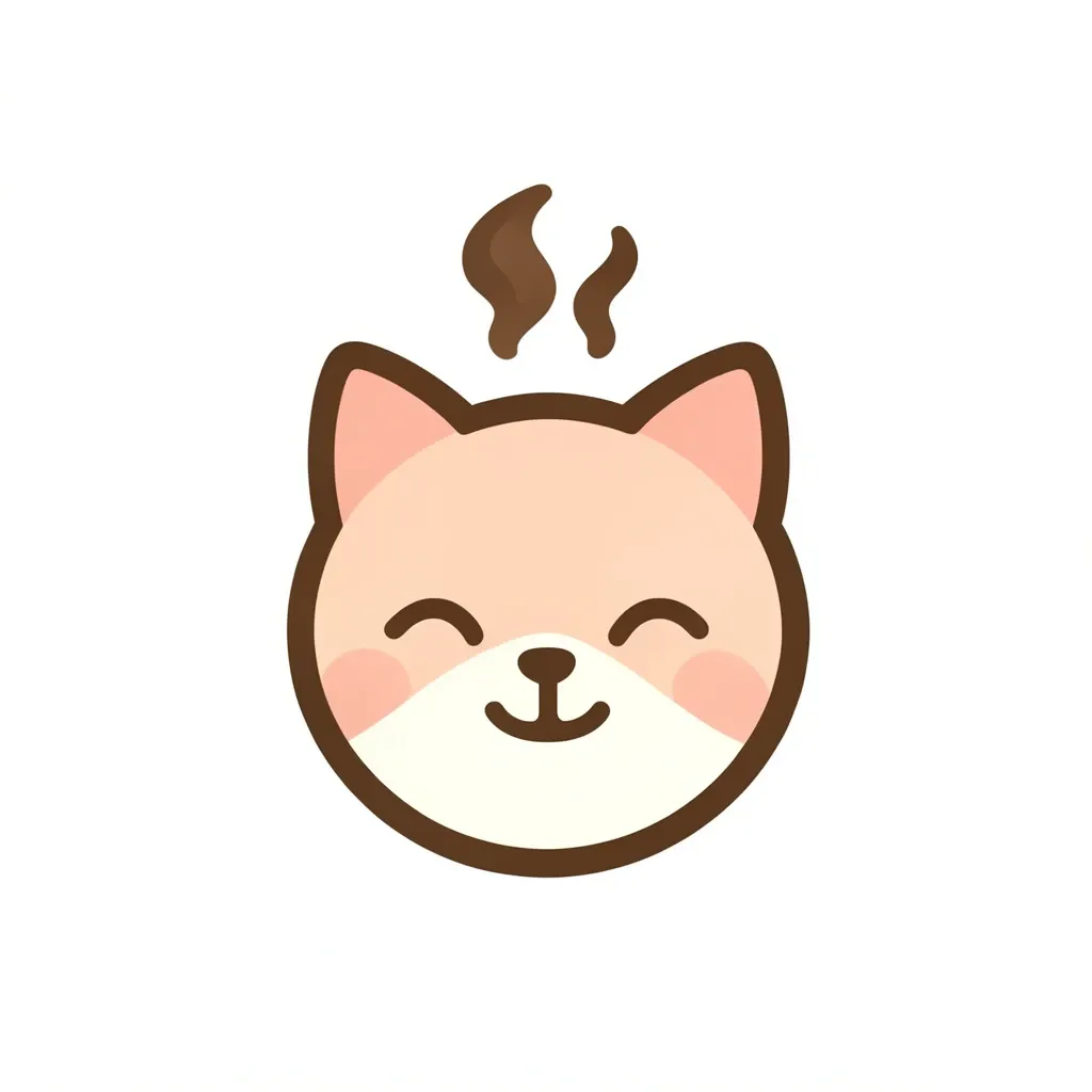 A round pastel cat face café logo with steam curls