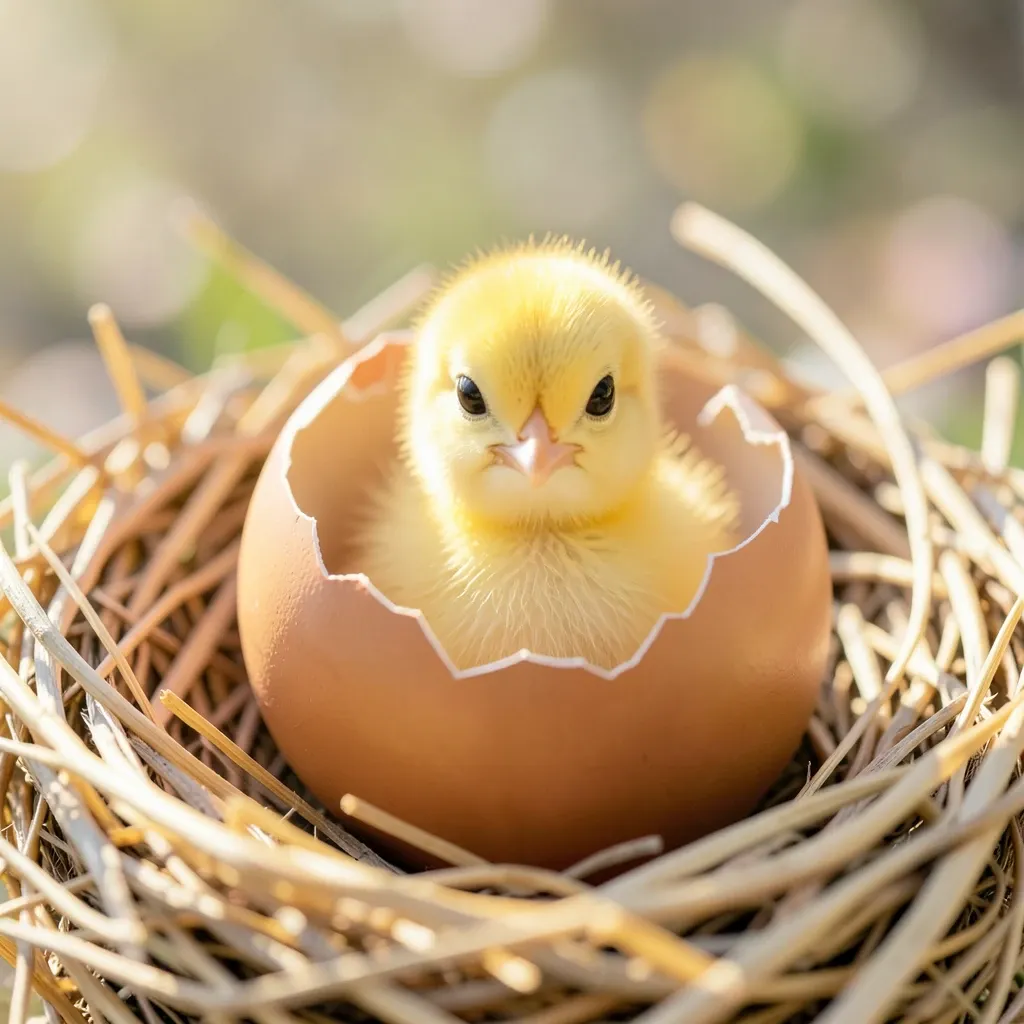 Tiny yellow chick emerging from a cracked eggshell in a soft straw nest with gentle morning light