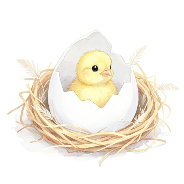 Tiny yellow chick emerging from a cracked white eggshell in a soft nest of straw and feathers