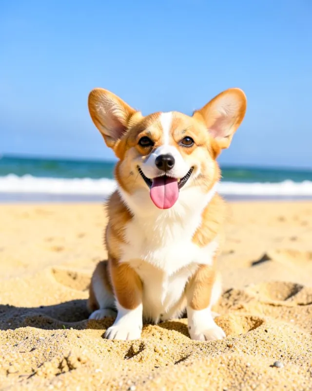 Happy corgi with tongue out sitting on golden sand with gentle waves and blue sky behind