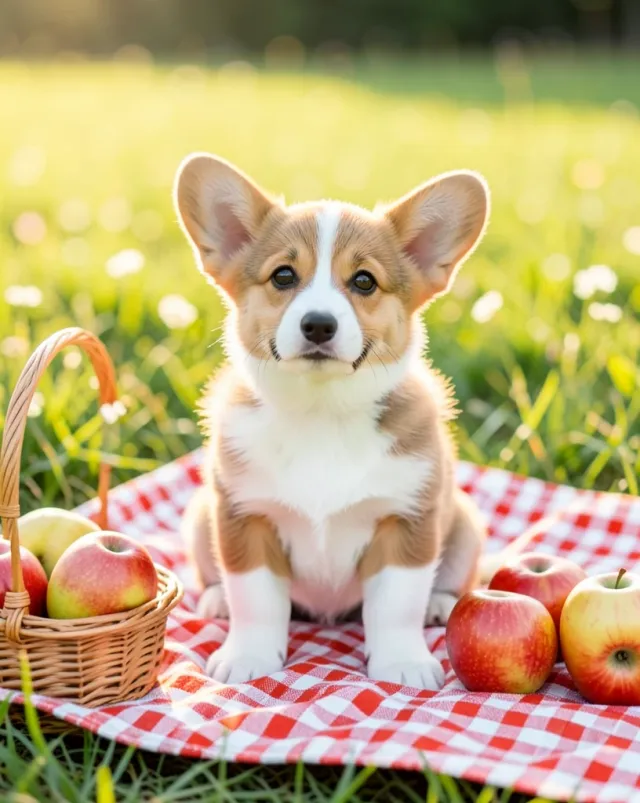 Cute corgi puppy sitting on a checkered picnic blanket with basket and apples in sunny meadow