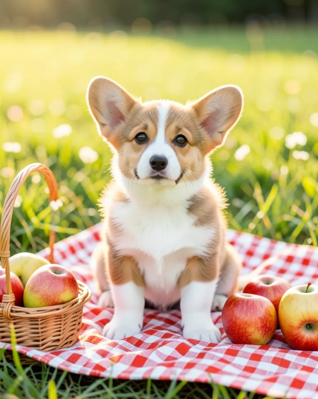 Cute corgi puppy sitting on a checkered picnic blanket with basket and apples in sunny meadow