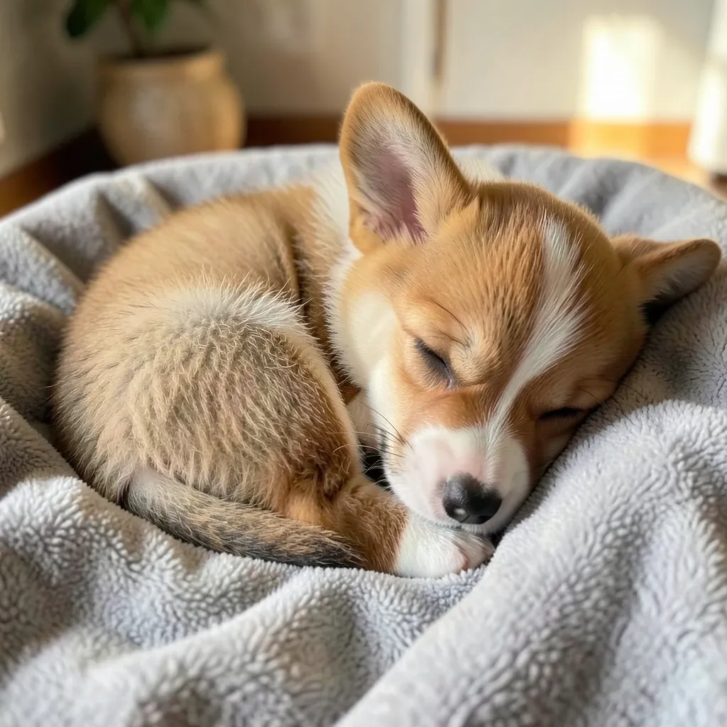 Cute sleeping corgi puppy curled up on a grey blanket with tiny paws tucked under its chin