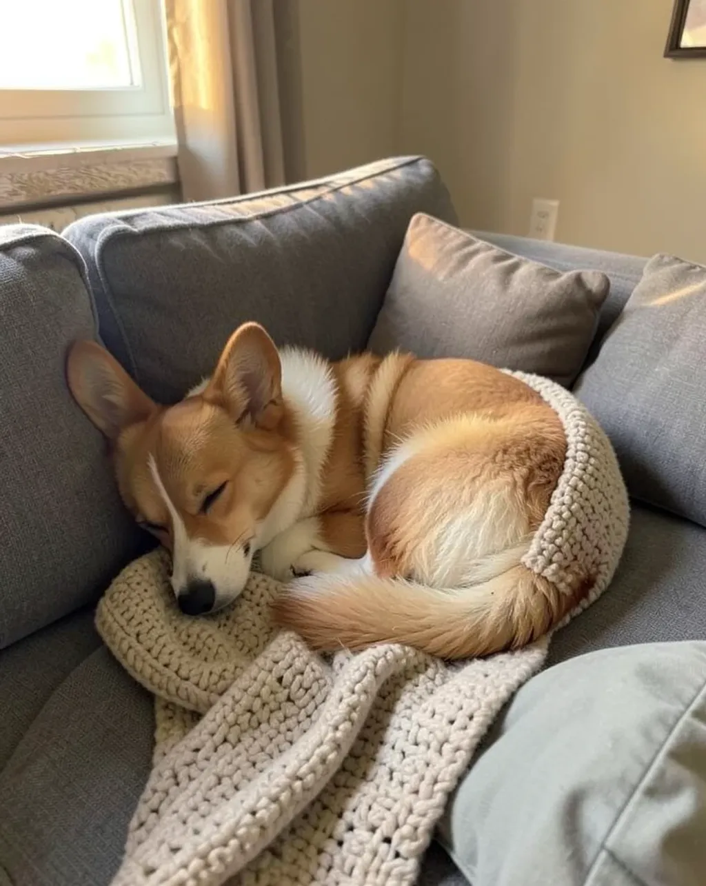 Fluffy corgi curled up sleeping on a grey sofa with knit throw and warm window light