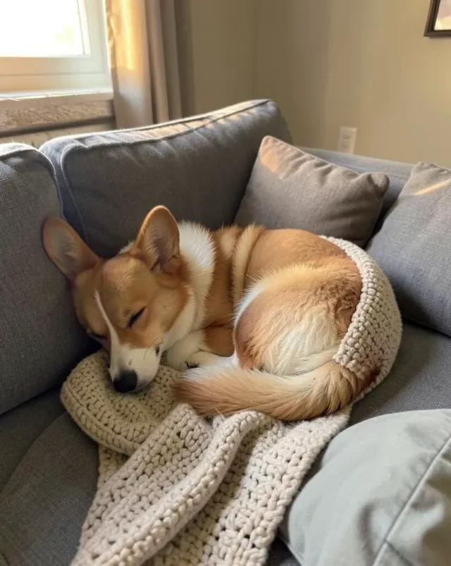 Fluffy corgi curled up sleeping on a grey sofa with knit throw and warm window light