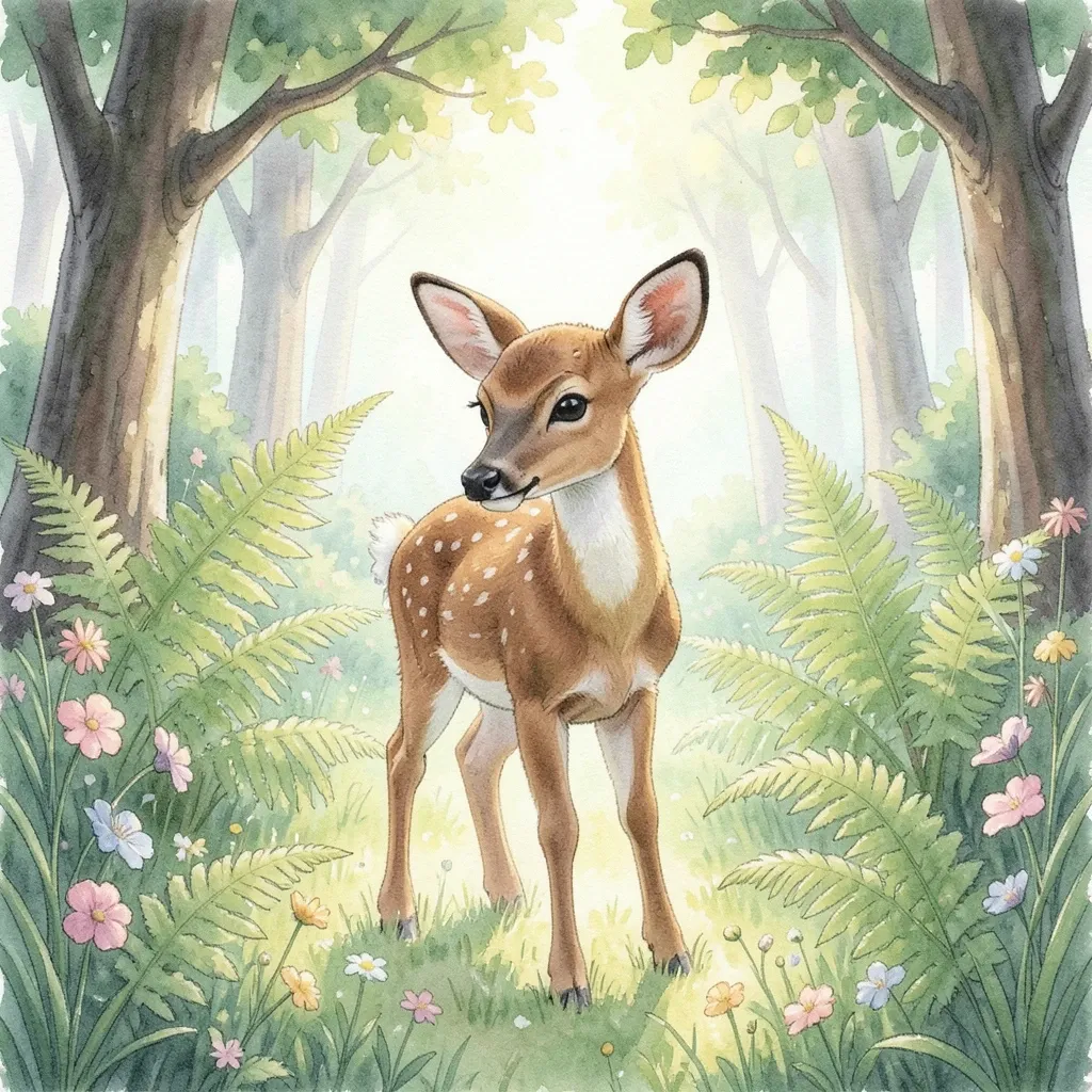Cute young deer in a sunlit forest clearing with ferns and wildflowers in soft watercolor