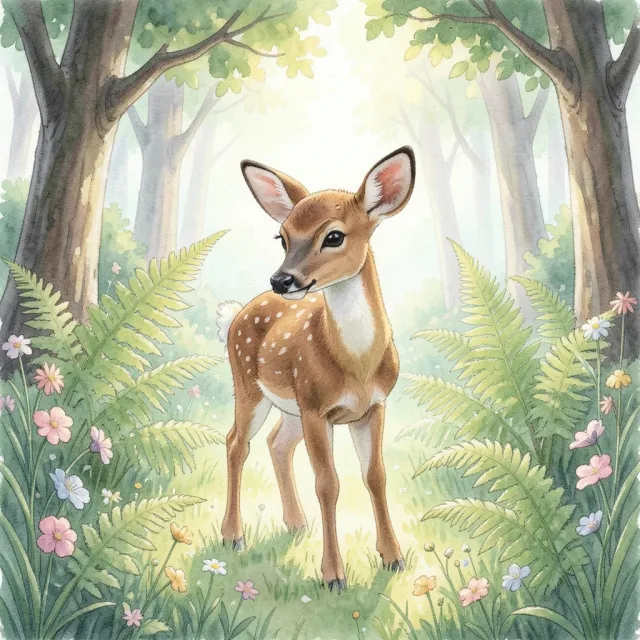 Cute young deer in a sunlit forest clearing with ferns and wildflowers in soft watercolor