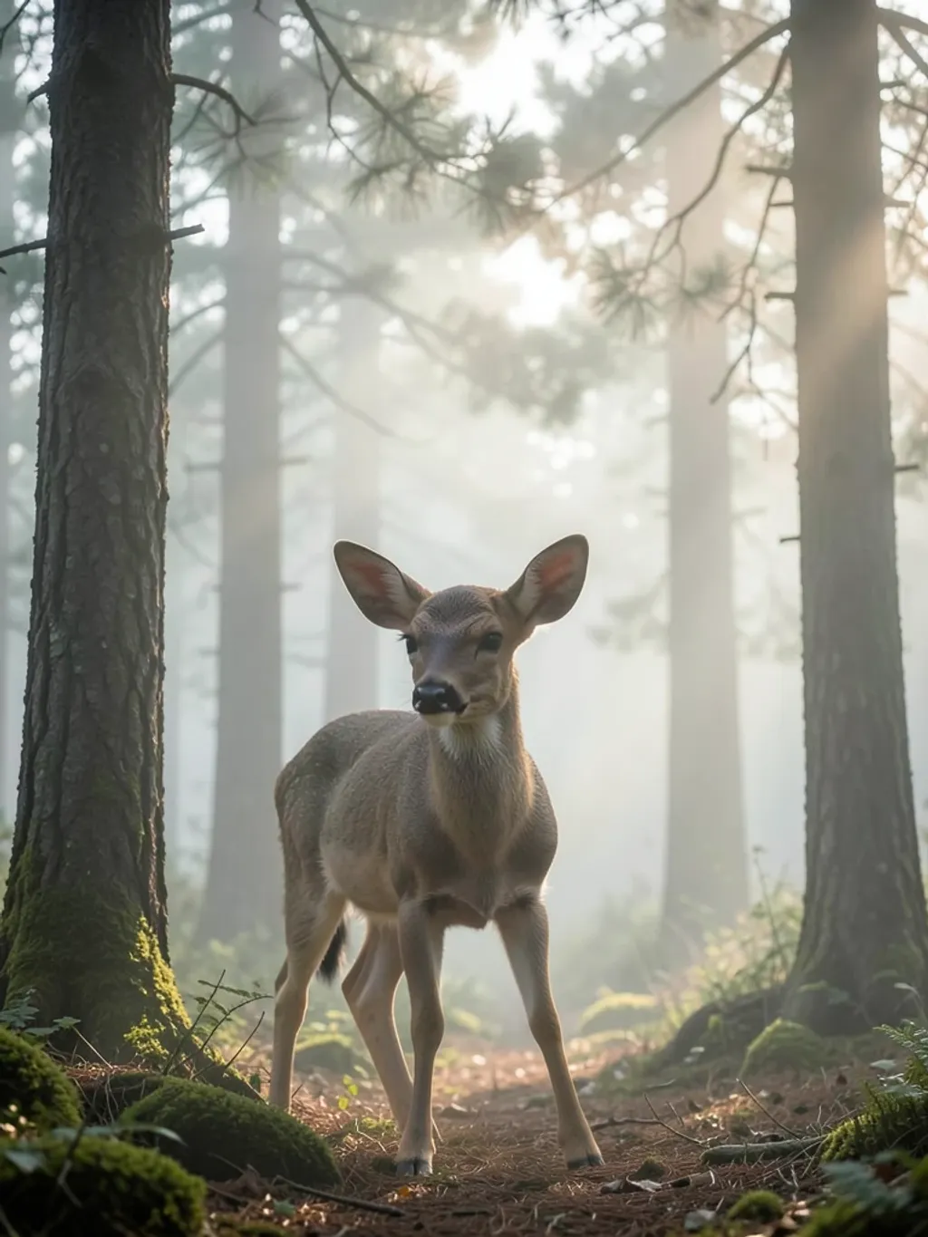 Young deer with large dark eyes standing among tall pine trees in soft morning fog
